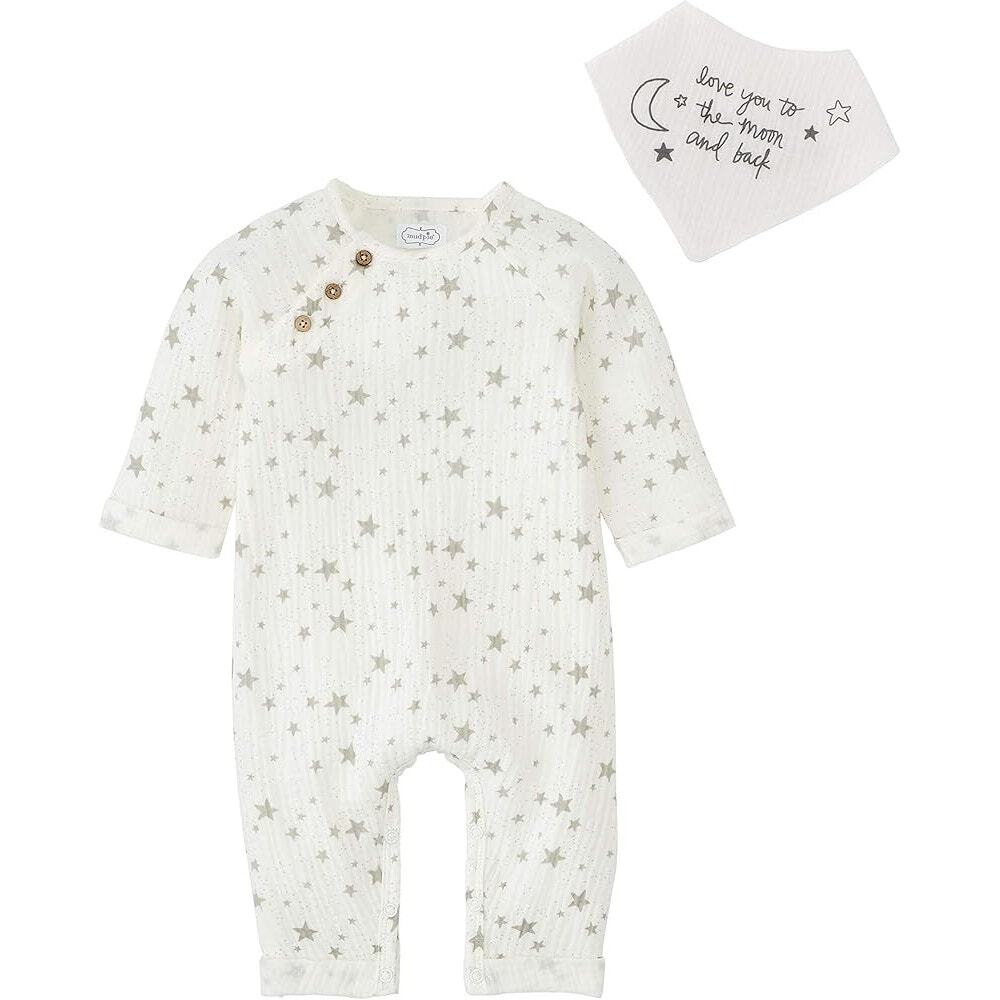 Mud Pie White & Gray Star Gauze Romper & Bandana Bib Outfit Set Size 3-6 Months